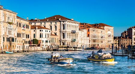 Venice, Italy - March 13: typical traffic with boats on the waterways and canals in venice, italy on March 13, 2019のeditorial素材