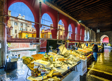 Venice, Italy - March 16: famous Mercato di Rialto - fish- and farmers-market near the rialto bride in venice on March 16, 2019のeditorial素材