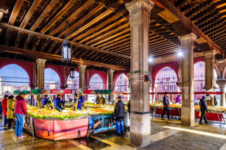 Venice, Italy - March 16: famous Mercato di Rialto - fish- and farmers-market near the rialto bride in venice on March 16, 2019のeditorial素材