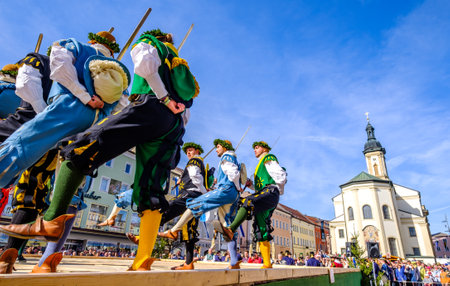 Traunstein, Germany - April 22: participants at the traditional sworddance while the famous annual...
