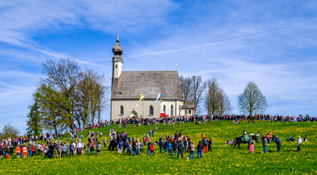 Traunstein, Germany - April 22: participants at the traditional horse procession while the famous annual georgiritt in traunstein at April 22, 2019のeditorial素材
