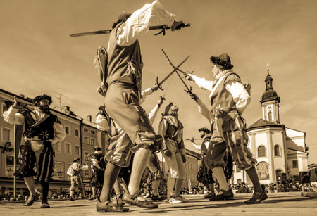 Traunstein, Germany - April 22: participants at the traditional sworddance while the famous annual...
