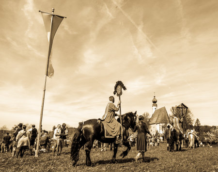 Traunstein, Germany - April 22: participants at the traditional horse procession while the famous annual georgiritt in traunstein at April 22, 2019のeditorial素材