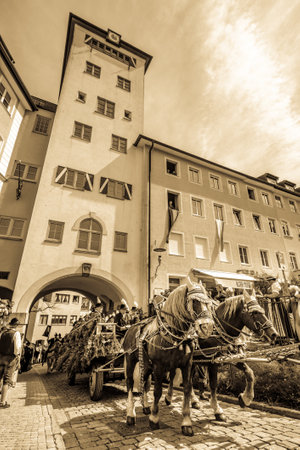 Traunstein, Germany - April 22: participants at the traditional horse procession while the famous...
