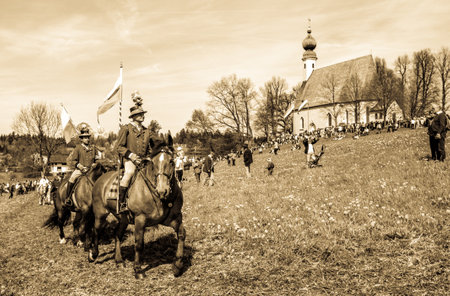 Traunstein, Germany - April 22: participants at the traditional horse procession while the famous annual georgiritt in traunstein at April 22, 2019のeditorial素材