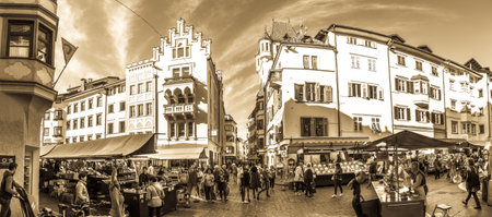 Bolzano, italy - October 19: People shopping at a famous Market Square in the old town at october 19,2018 in Bolzano in italyのeditorial素材
