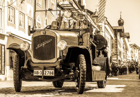 Bad Toelz, Germany - September 15: Participants in a parade on the occasion of the 150th anniversary of the Voluntary Fire Brigade on September 15, 2018 at Bad Toelzのeditorial素材