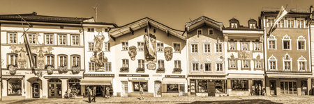Bad Toelz, Germany - September 16: the famous old facades with historic murals in the old town on September 16, 2018 in Bad Toelz, Germanyのeditorial素材