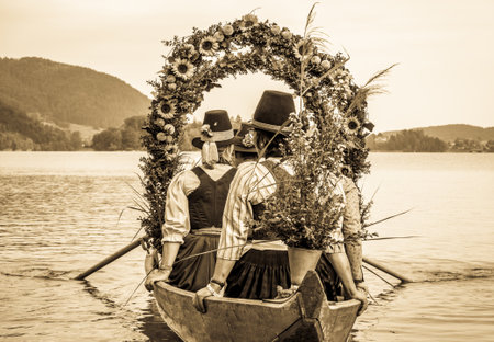 Schliersee, Germany - August, 5: bavarian participants with traditional clothes at the pageant for the sankt sixtus in schliersee on August 5, 2018のeditorial素材