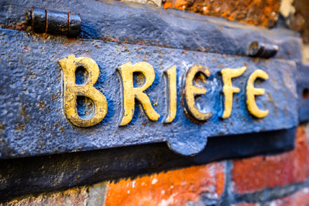 old mail slot at a  wall in germany - translation: letterのeditorial素材