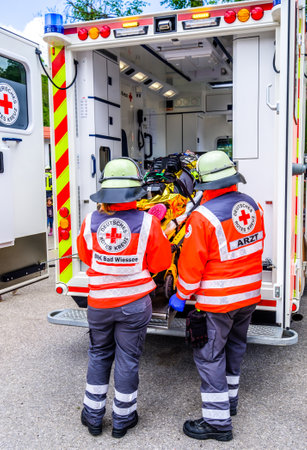 Bad Wiessee - Germany, May 26: public car accident exercise of the volunteer fire department and the Bavarian Red Cross in Bad Wiessee on May 26, 2019のeditorial素材