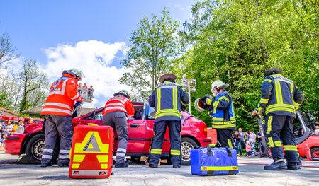 Bad Wiessee - Germany, May 26: public car accident exercise of the volunteer fire department and the...