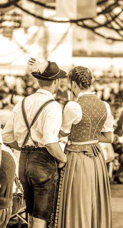 Antdorf - Germany, May, 30: people in traditional bavarian clothing in a typical beertent in Antdorf on May 30, 2019のeditorial素材