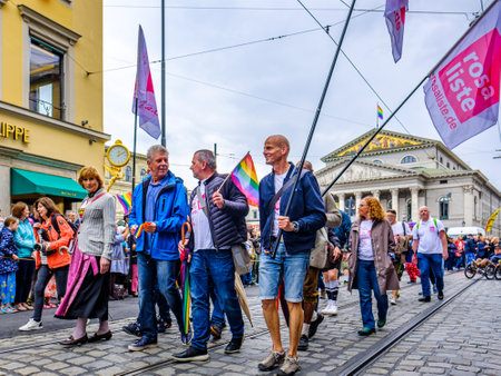 Munich, Germany - July 13: Participants and spectators at the 50th anniversary of stonewall christopher street day parade in munich on July 13, 2019のeditorial素材