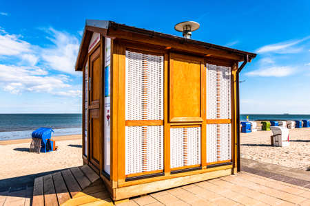 typical hooded beach chairs at a beach in north germanyの写真素材