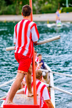 Rottach-Egern, Germany - July 9: Bavarian competition of two groups with rowboats at a summer festival called Fishermen Joust in Rottach-Egern on July 9, 2019のeditorial素材