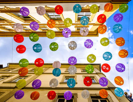 lanterns in front of blue sky - space for textの写真素材