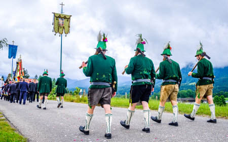 Wackersberg, Germany - June 23: Participants in traditional clothes at the Corpus Christi procession at June 23, 2019 in Bad Toelz - Germany.のeditorial素材
