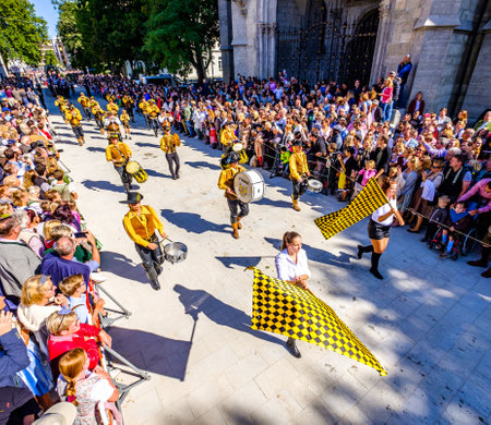 Munich, Germany - September 21: Participants, carts, marching bands of the annual opening parade called "einzug der wirte" of the oktoberfest on september 21, 2019 in the old town of munichのeditorial素材