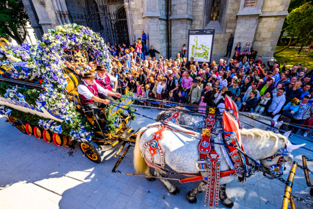 Munich, Germany - September 21: Participants, carts, marching bands of the annual opening parade...