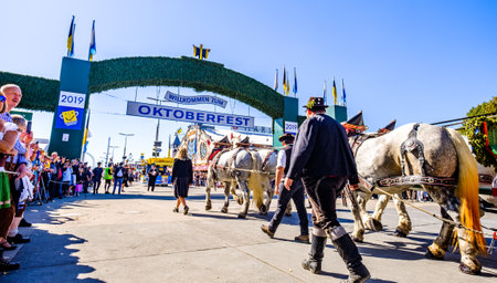 Munich, Germany - September 21: Participants, carts, marching bands of the annual opening parade called "einzug der wirte" of the oktoberfest on september 21, 2019 in the old town of munichのeditorial素材