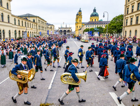 Munich, Germany - September 22: Participants, marching bands and carts at the annual opening parade of the oktoberfest on september 22, 2019 in the old town of munichのeditorial素材