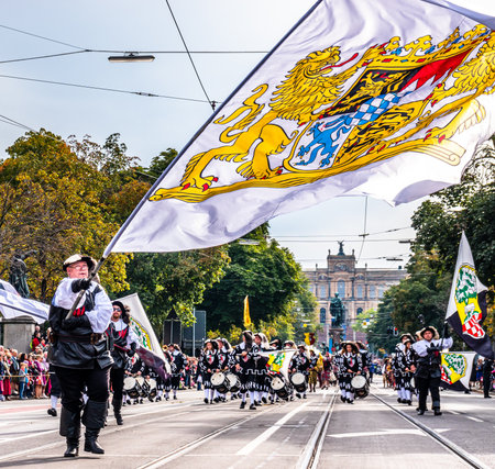 Munich, Germany - September 22: Participants, marching bands and carts at the annual opening parade of the oktoberfest on september 22, 2019 in the old town of munichのeditorial素材