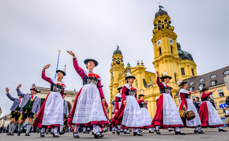 Munich, Germany - September 22: Participants, marching bands and carts at the annual opening parade of the oktoberfest on september 22, 2019 in the old town of munichのeditorial素材
