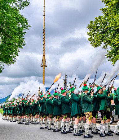 Wackersberg, Germany - June 23: Participants in traditional clothes at the Corpus Christi procession at June 23, 2019 in Bad Toelz - Germany.のeditorial素材