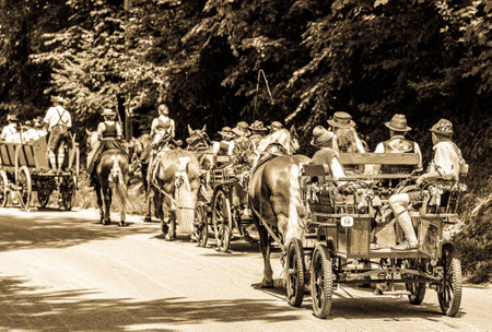 Dietramszell, Germany - July 20: people with traditional clothes at the annual horse-carriage procession with blessing, named leonhardifahrt on July 20, 2019 in Dietramszell, germanyのeditorial素材