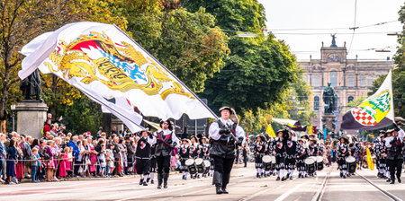 Munich, Germany - September 22: Participants, marching bands and carts at the annual opening parade of the oktoberfest on september 22, 2019 in the old town of munichのeditorial素材