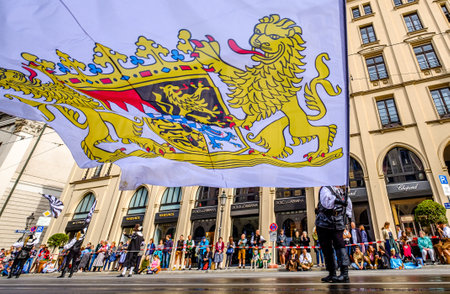 Munich, Germany - September 22: Participants, marching bands and carts at the annual opening parade of the oktoberfest on september 22, 2019 in the old town of munichのeditorial素材