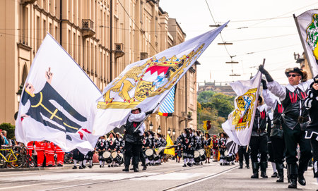 Munich, Germany - September 22: Participants, marching bands and carts at the annual opening parade of the oktoberfest on september 22, 2019 in the old town of munichのeditorial素材