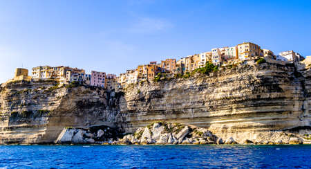 famous coastline and old town of bonifacio on corsicaの写真素材