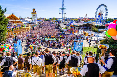 Munich, Germany - September 29: participants and musicians at the traditional open-air concert on the oktoberfest in munich at September 29, 2019のeditorial素材