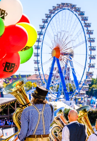 Munich, Germany - September 29: participants and musicians at the traditional open-air concert on the oktoberfest in munich at September 29, 2019のeditorial素材