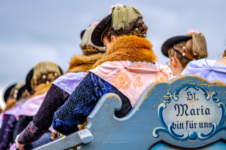 Bad Toelz, Germany - November 6: people with traditional clothes at the annual horse-carriage procession with blessing, named leonhardifahrt on November 6, 2019 in bad toelz, germanyのeditorial素材