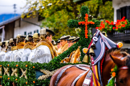 Benediktbeuern, Germany - November 3: people with traditional clothes at the annual horse-carriage procession with blessing, named leonhardifahrt on November 3, 2019 in Benediktbeuern, germanyのeditorial素材