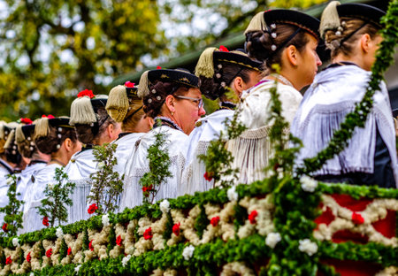 Benediktbeuern, Germany - November 3: people with traditional clothes at the annual horse-carriage procession with blessing, named leonhardifahrt on November 3, 2019 in Benediktbeuern, germanyのeditorial素材