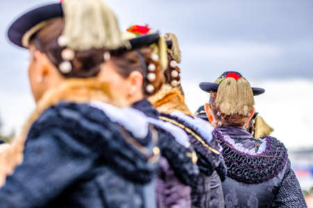 typical bavarian traditonal clothes and hair styleの写真素材