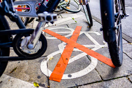 bike lane - no bike lane - road sign in germanyの写真素材