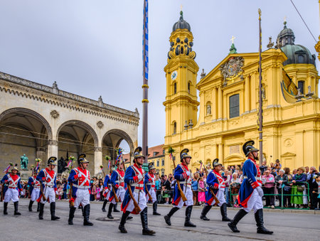 Munich, Germany - September 22: Participants, marching bands and carts at the annual opening parade...
