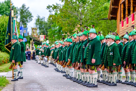 Wackersberg, Germany - June 23: Participants in traditional clothes at the Corpus Christi procession at June 23, 2019 in Bad Toelz - Germany.のeditorial素材