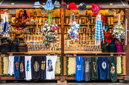 Munich, Germany - October 1: typical sales booth with souvenirs at the oktoberfest in munich on october 1, 2018のeditorial素材