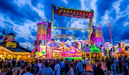 Munich, Germany - September 27: visitors, beertents and fairground rides on the oktoberfest in munich at September 27, 2019のeditorial素材