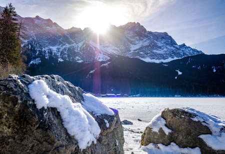 famous eibsee lake in front of zugspitze mountain in germany