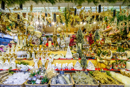 Munich, Germany - December 17: typical sales booth at the christmas market on the famous marienplatz on December 17, 2019 in Munich, Germanyのeditorial素材
