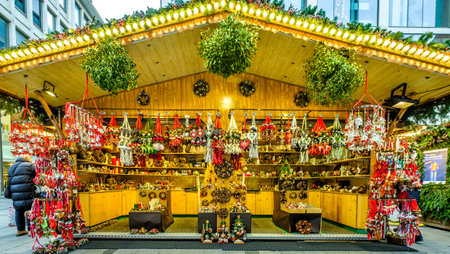 Munich, Germany - December 17: typical sales booth at the christmas market on the famous marienplatz on December 17, 2019 in Munich, Germanyのeditorial素材