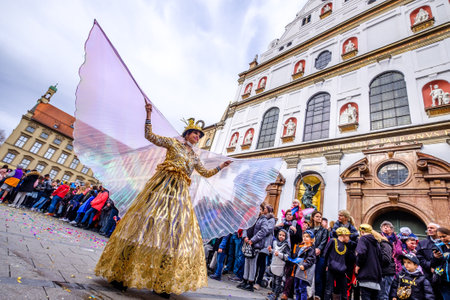 Munich, Germany - February, 16: participants and parade float at the carnival in munich on February 16, 2020のeditorial素材