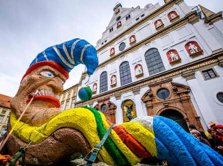 Munich, Germany - February, 16: participants and parade float at the carnival in munich on February 16, 2020のeditorial素材
